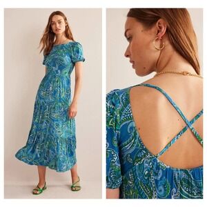 BODEN Cutout Back Jersey Soft Stretch Maxi Dress Size US 10 Petite Blue Paisley
